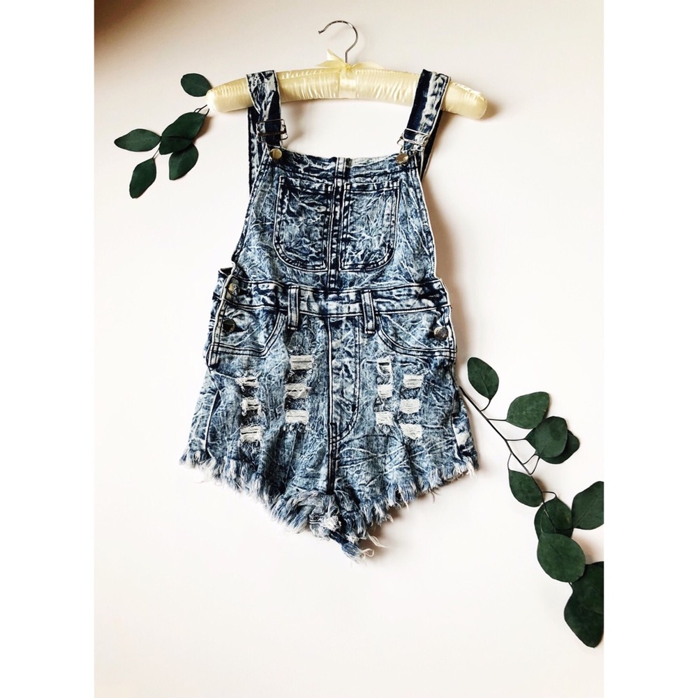 Distressed Denim Overall Shorts